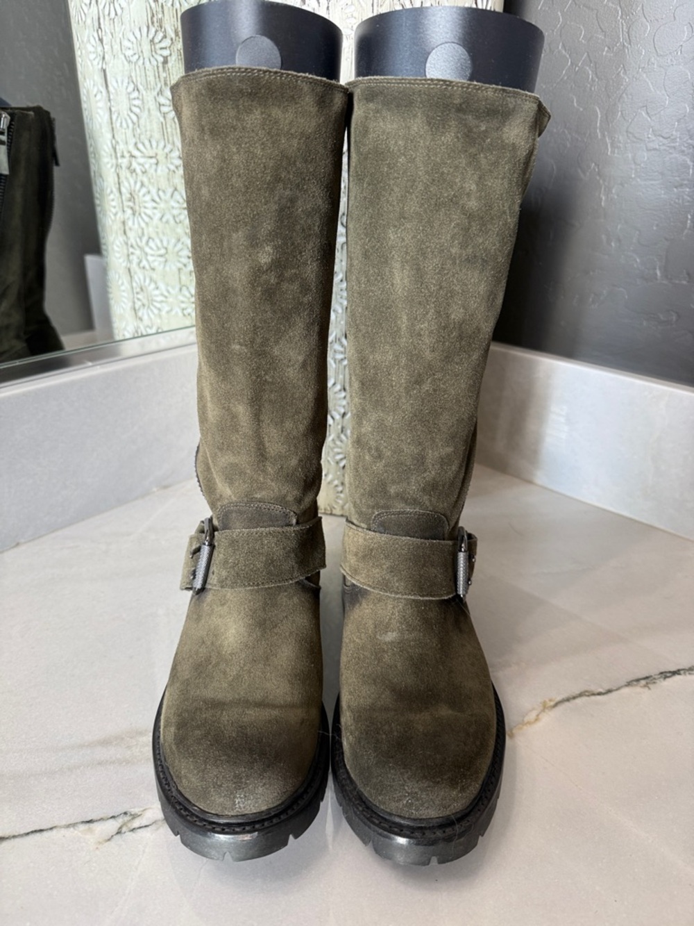 FRYE BOOTS Olive Suede Mid-Calf Zip Buckle Boots - Women 7.5 - Picture 2 of 10